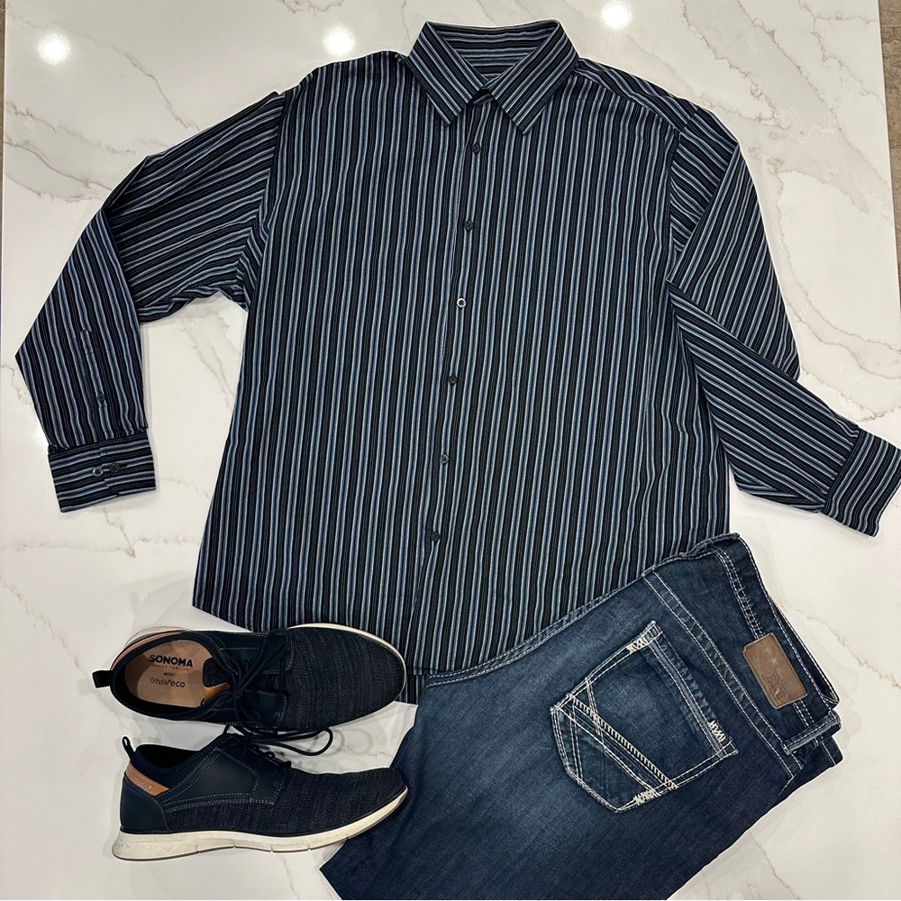 Alfani Men's Dress Shirt, Black with Blue and White Pinstripes, Size XL